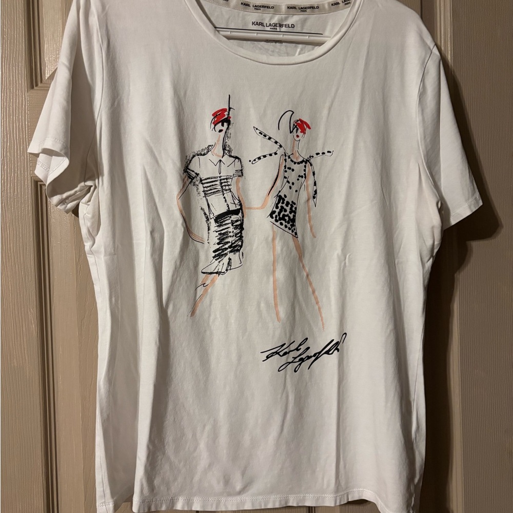 Karl Lagerfeld White Tee with Red-Accent Fashion Sketch
